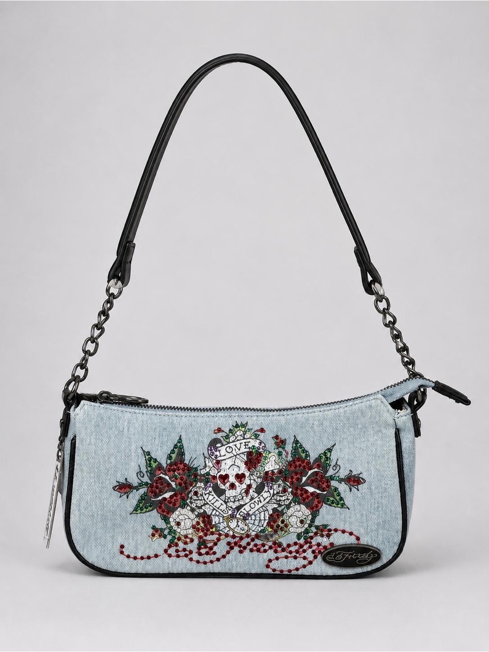 Ed Hardy Denim Blue Black Floral Skull Rhinestone Zip Small Shoulder Bag